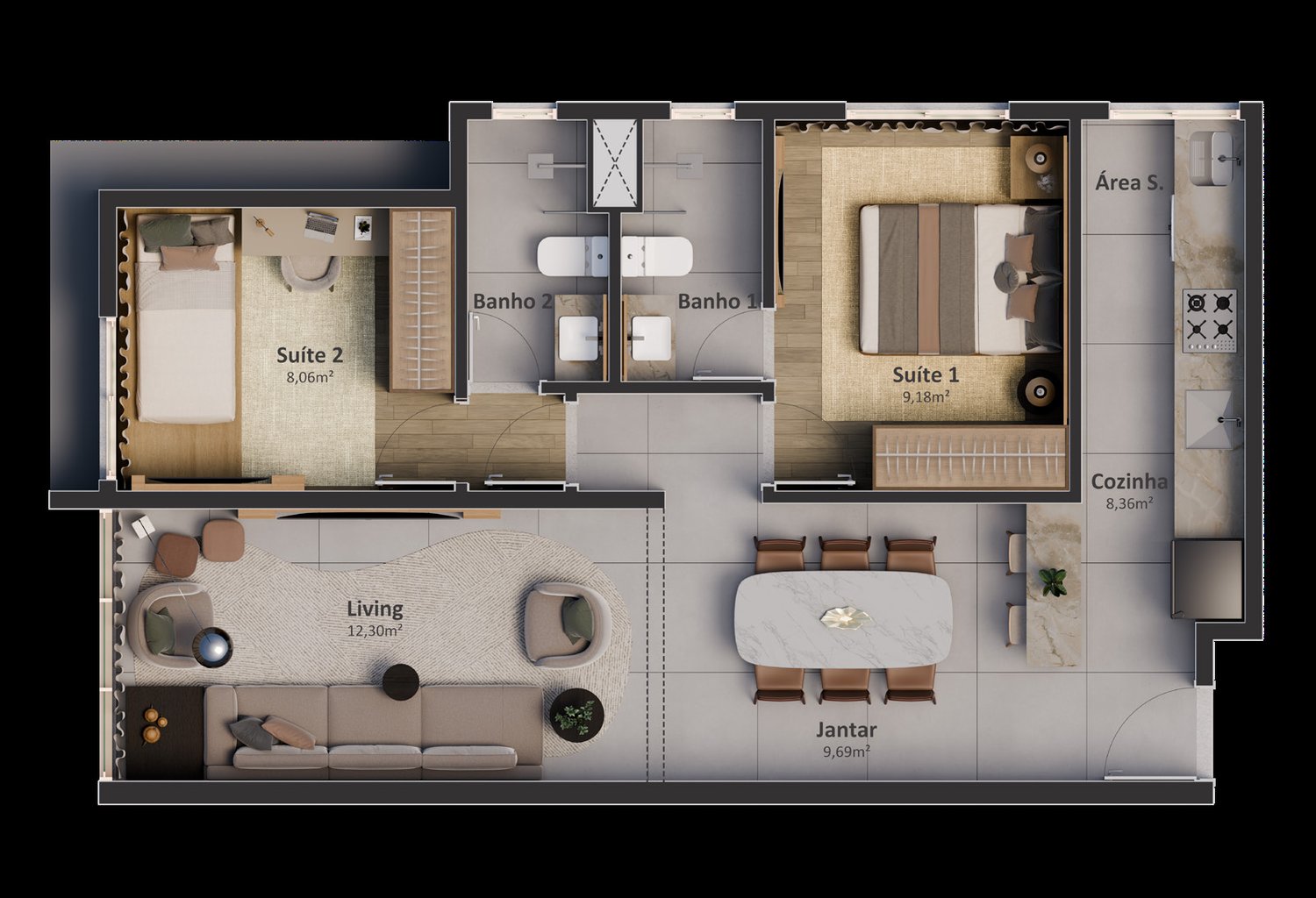 Planta 2 Quartos Com 1 Suite — Edge Luxury Apartments