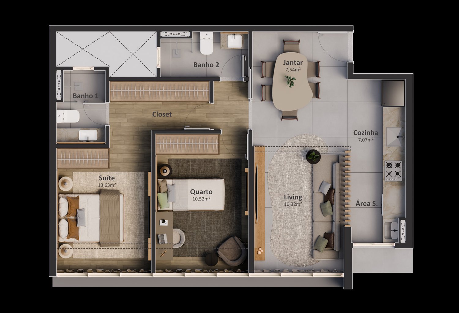 Planta 2 Quartos Com 1 Suite — Edge Luxury Apartments