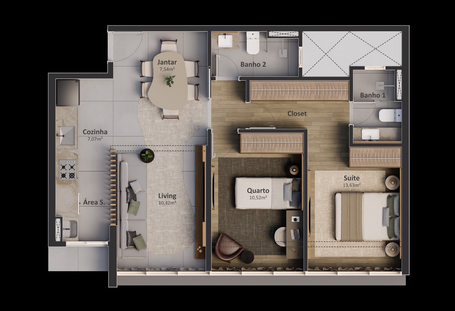 Planta 2 Quartos Com 1 Suite — Edge Luxury Apartments