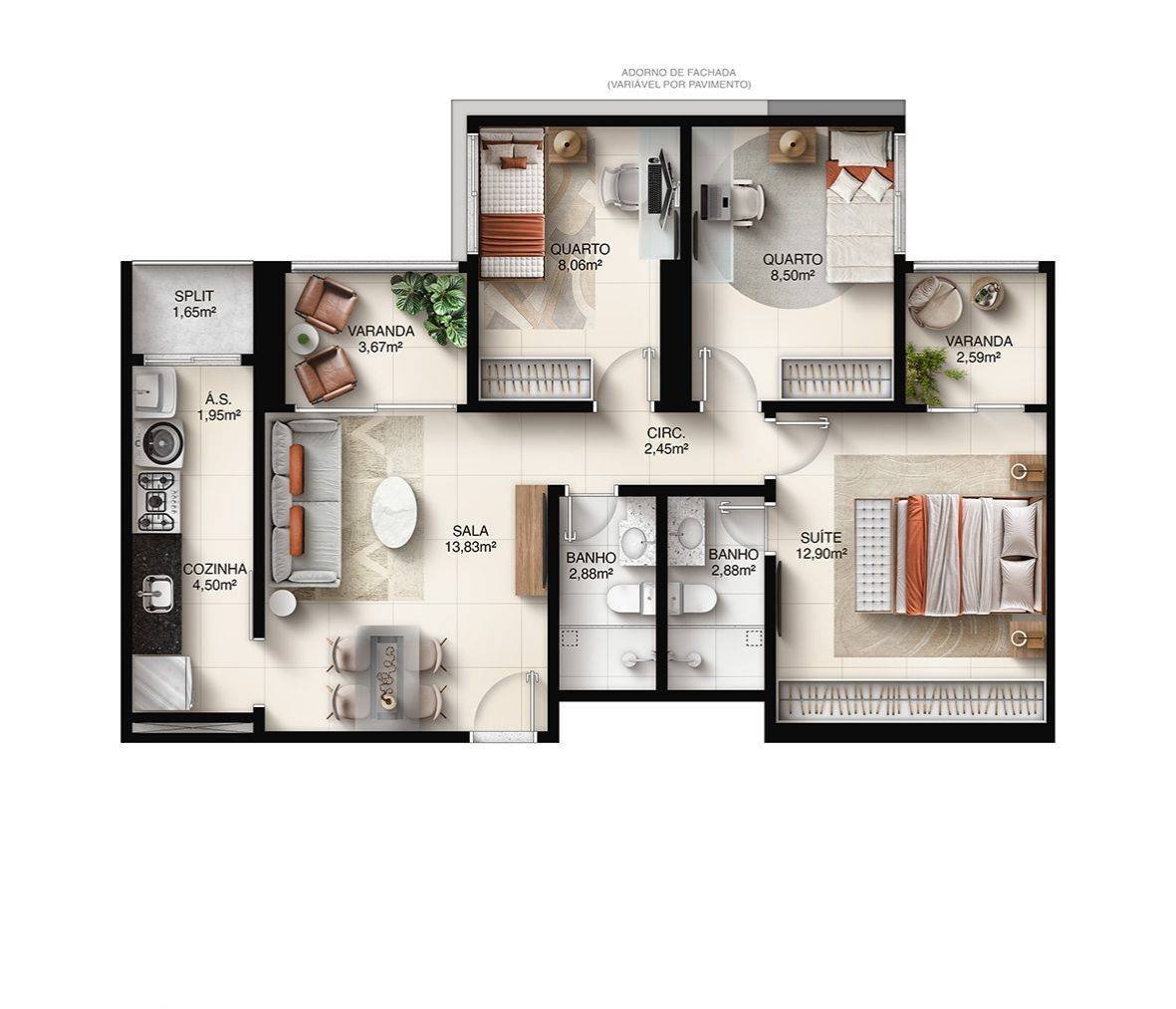 Planta 3 Quartos Com Suite — Faena Residence