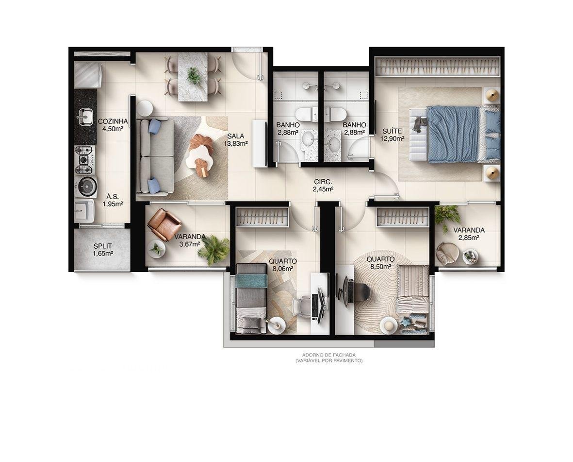 Planta Garden 3 Quartos — Faena Residence