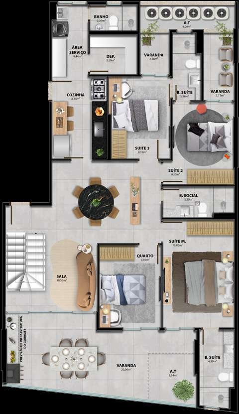 Planta 4 Quartos Com 3 Suítes - Duplex — Heleganz Residence