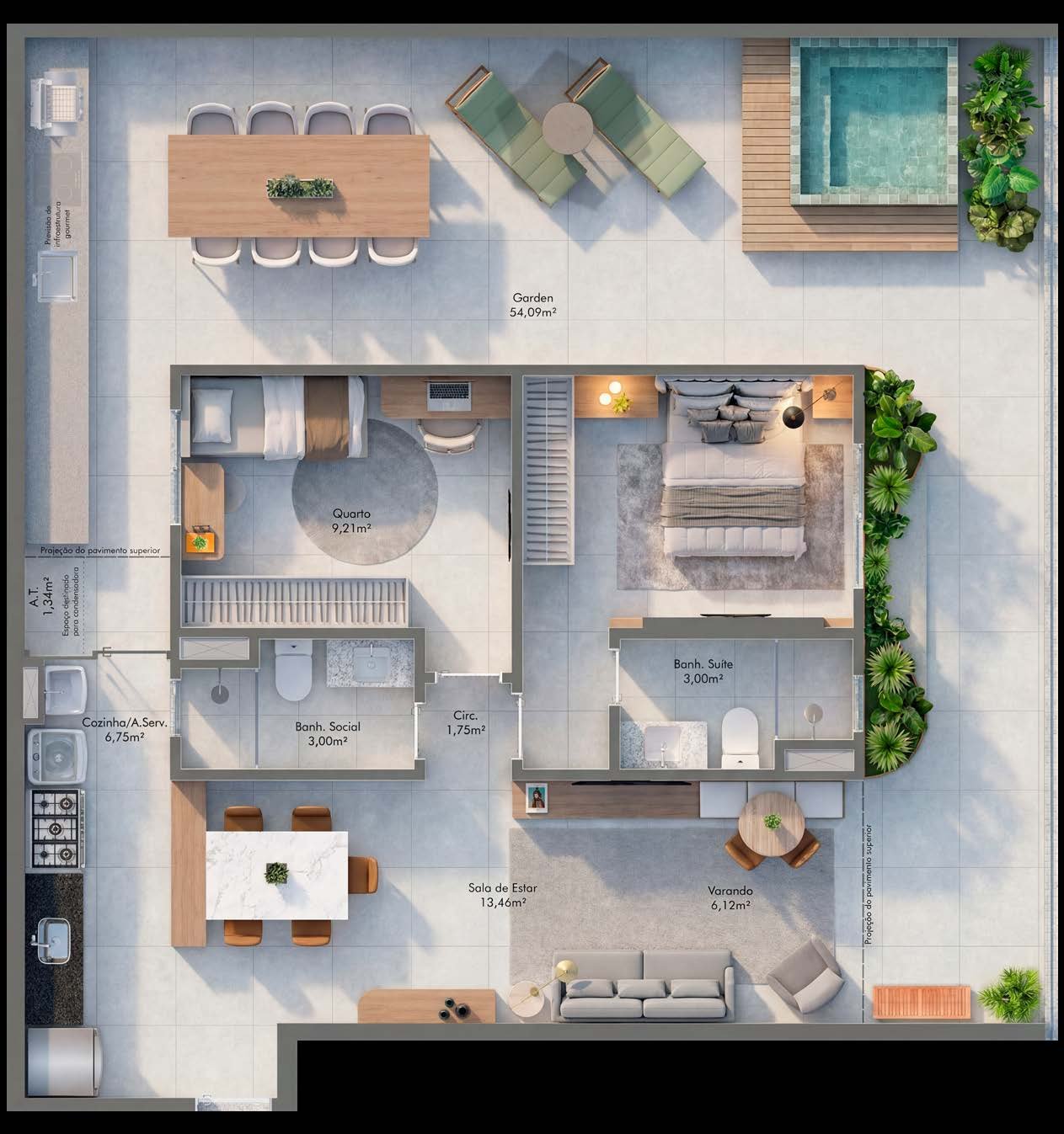 Planta 2 Quartos Com Terraço (Garden) — ITA.living