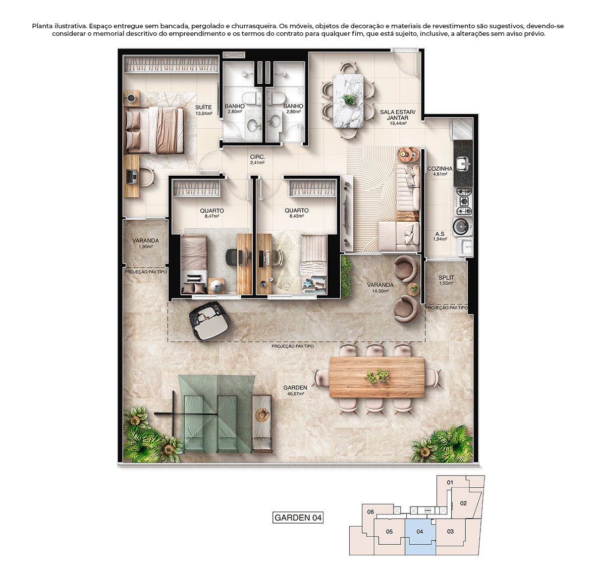 Planta 3 Quartos Garden — Kalea Residence