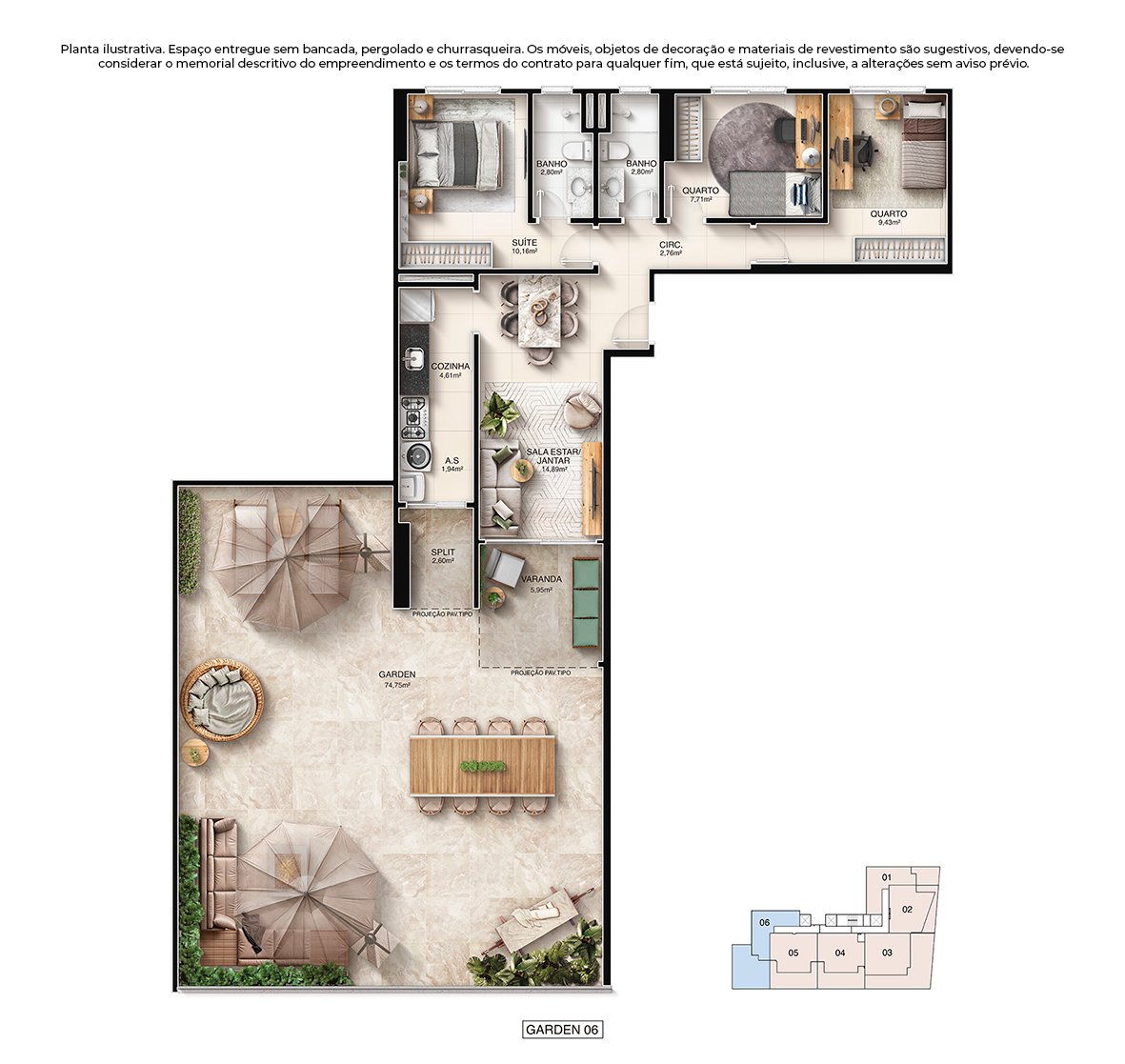 Planta 3 Quartos Garden — Kalea Residence