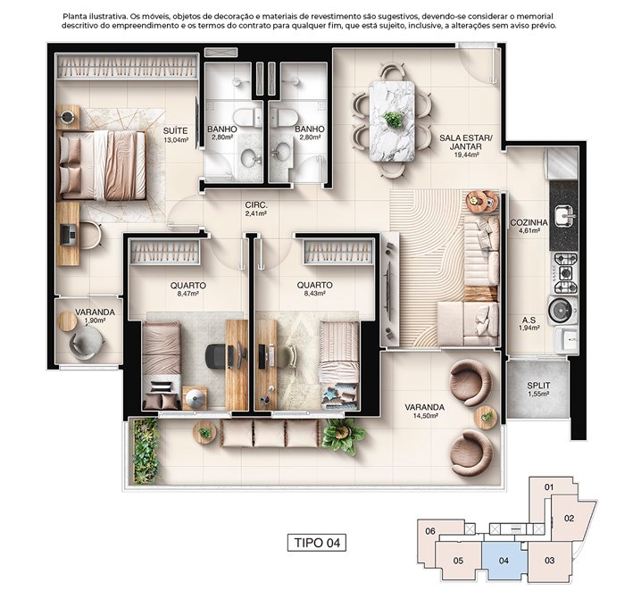 Planta 3 Quartos — Kalea Residence