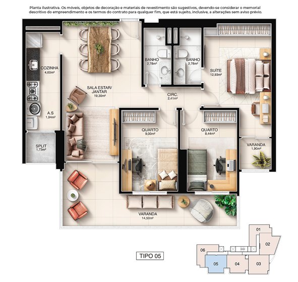 Planta 3 Quartos — Kalea Residence