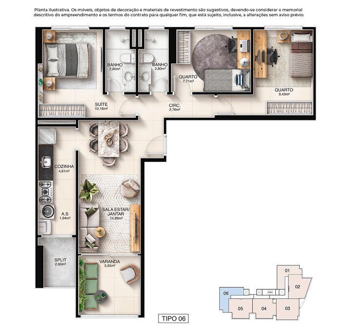 Planta 3 Quartos — Kalea Residence