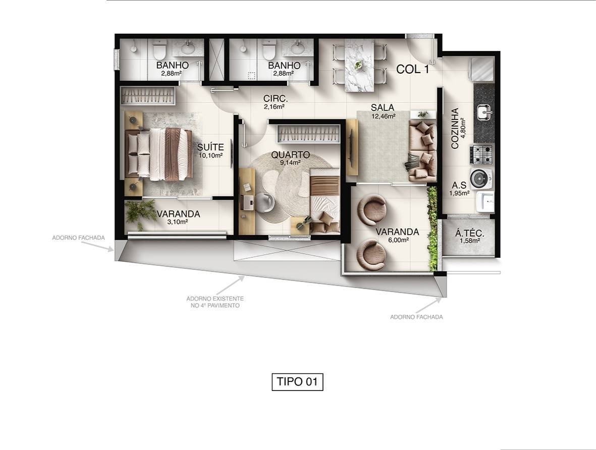 Planta 2 Quartos — Macan Residence