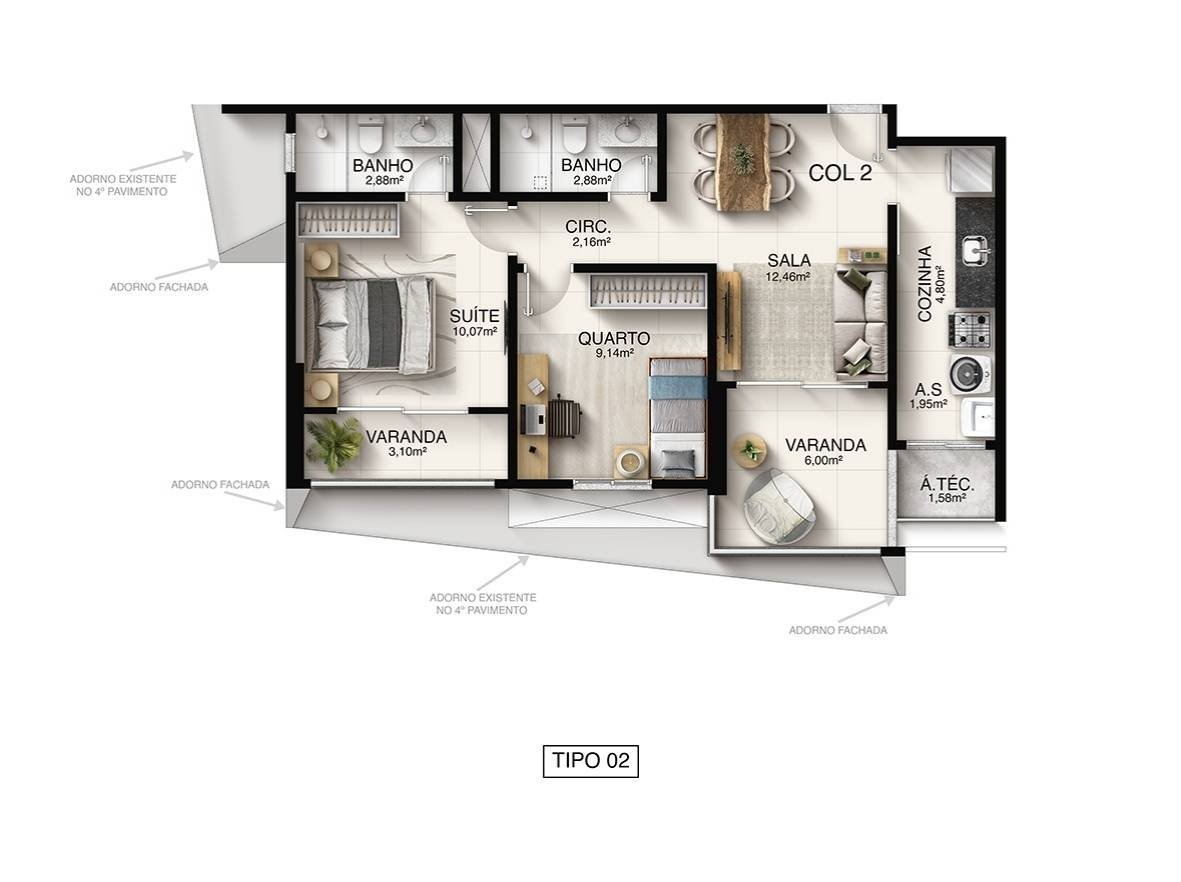 Planta 2 Quartos — Macan Residence