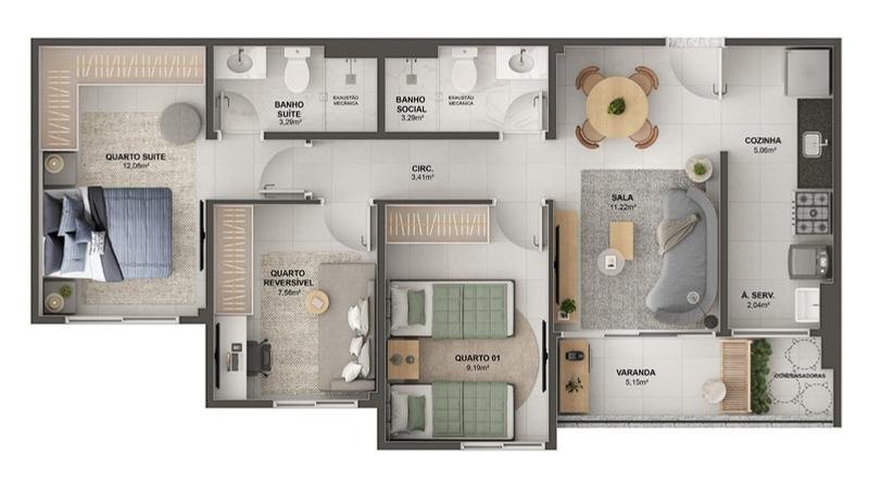 Planta 3 Quartos — Morada Vitória Residencial Clube