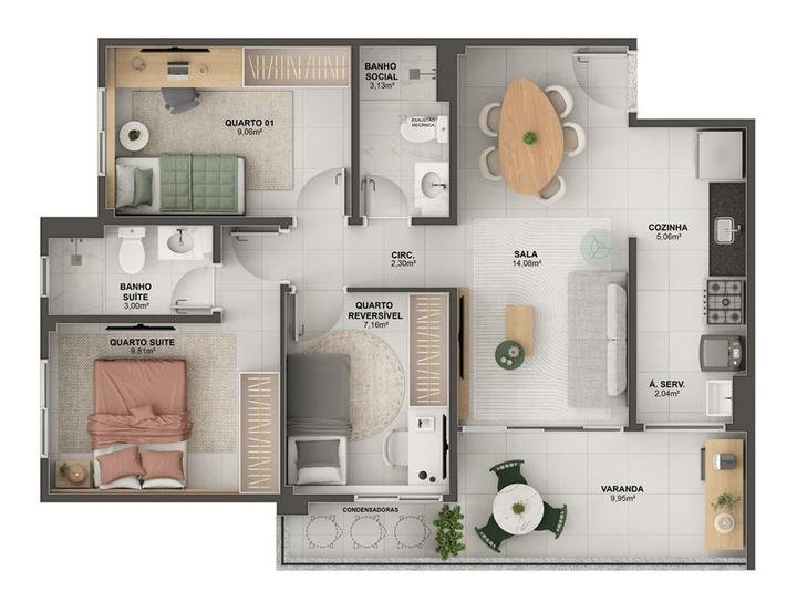 Planta 3 Quartos — Morada Vitória Residencial Clube