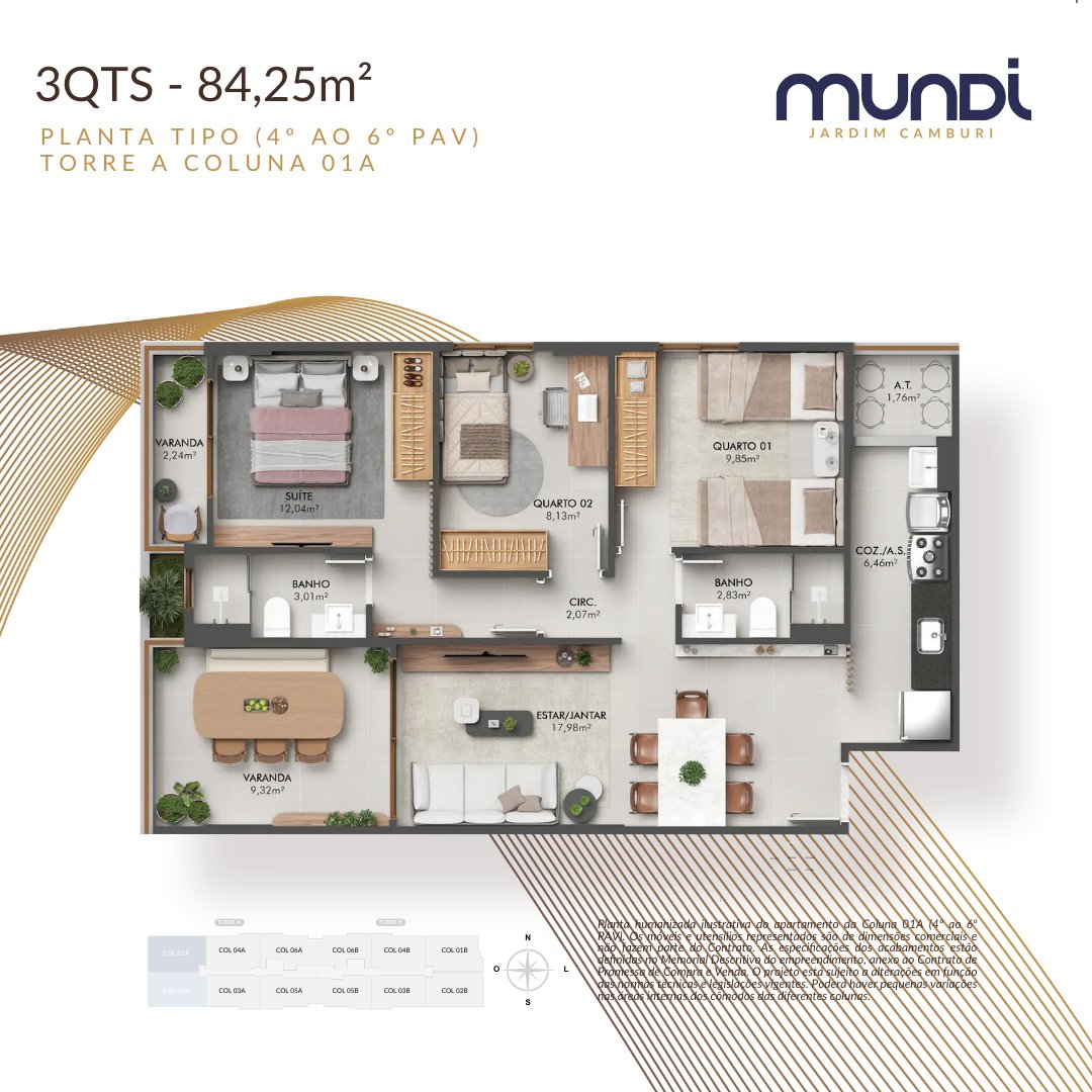 Planta 2 Quartos Com Suite + Office — Mundi Jardim Camburi
