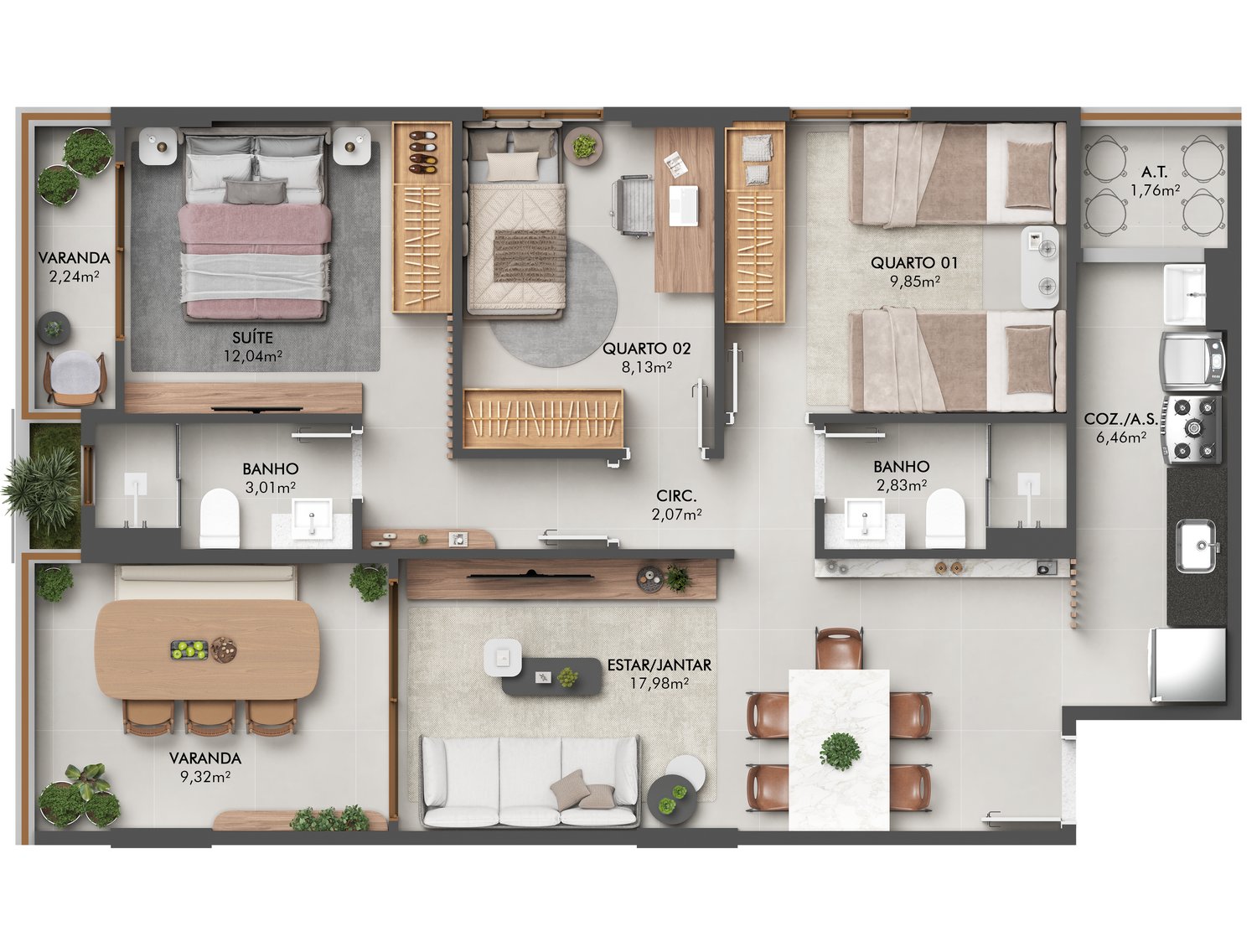 Planta 3 Quartos Com Suite Garden — Mundi Jardim Camburi