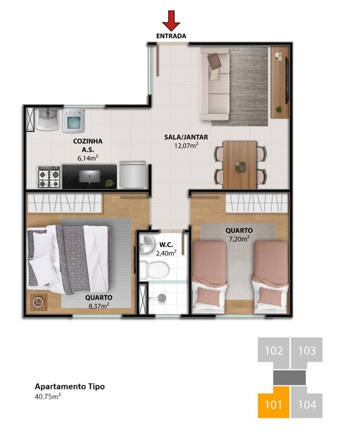 Planta 2 Quartos — Empreendimento Residencial