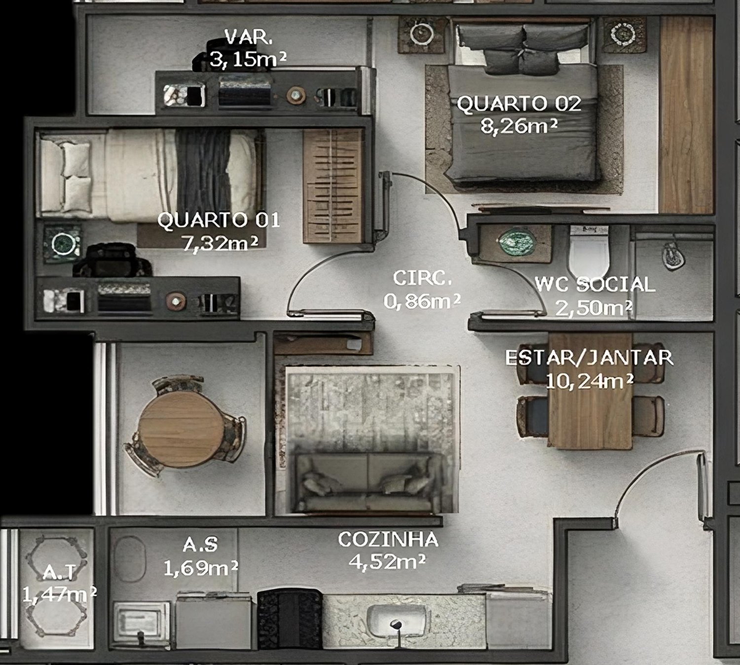 Planta 2 Quartos (Colunas 4,10) — Residencial Monte Tivoli