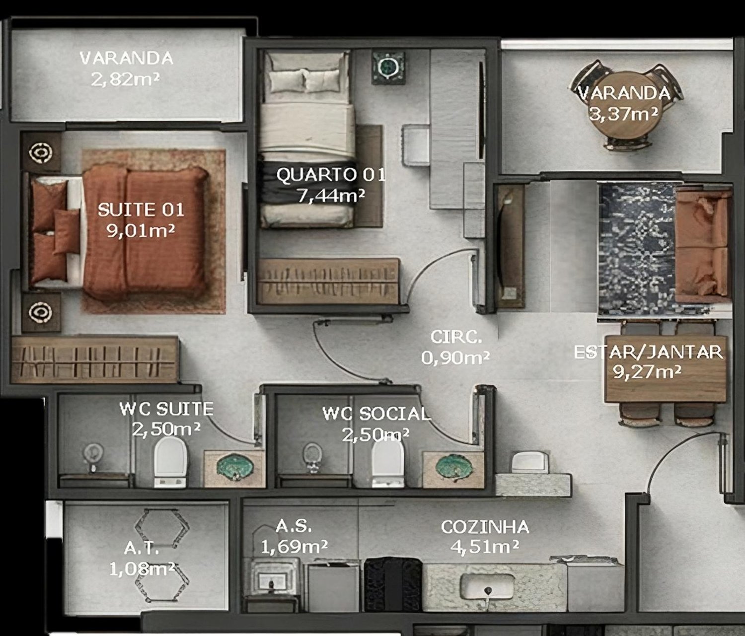 Planta 2 Quartos Com Suite (Colunas 1,3,6,8) — Residencial Monte Tivoli