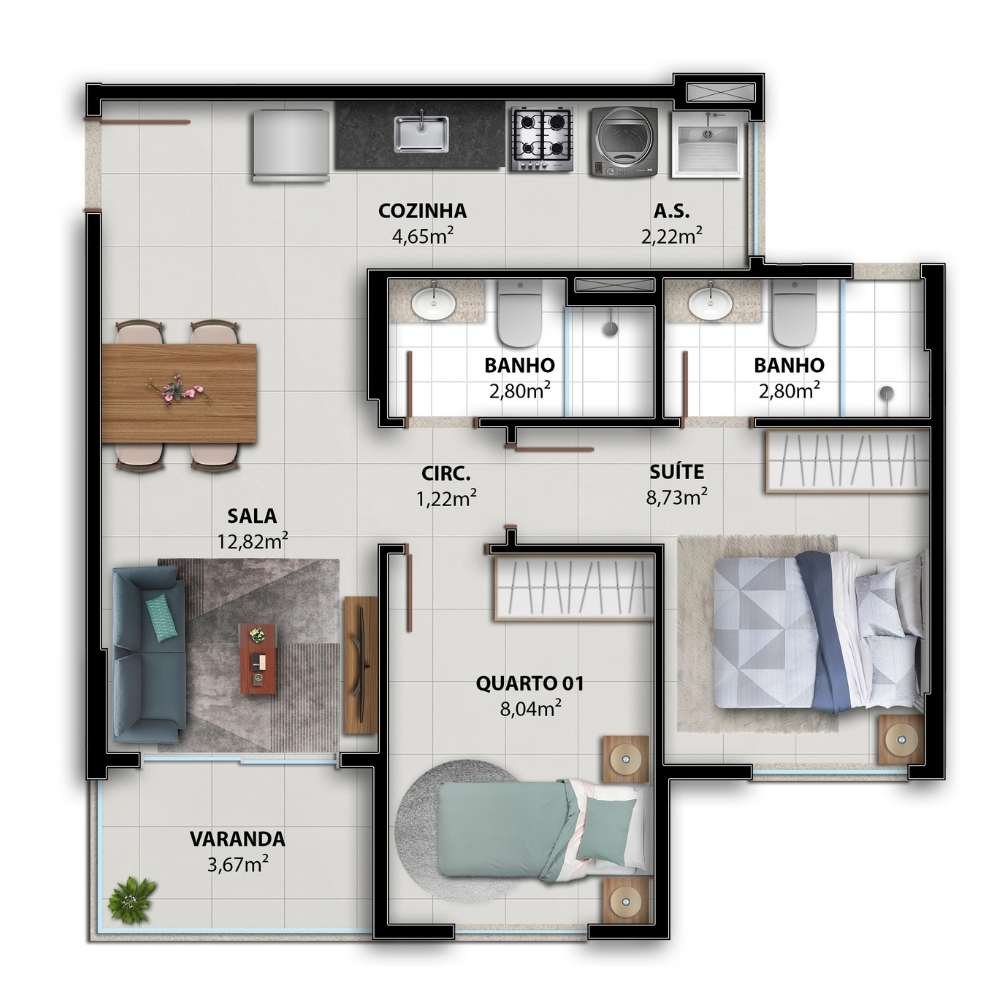 Planta 2 Quartos — Vivenda Coqueiral