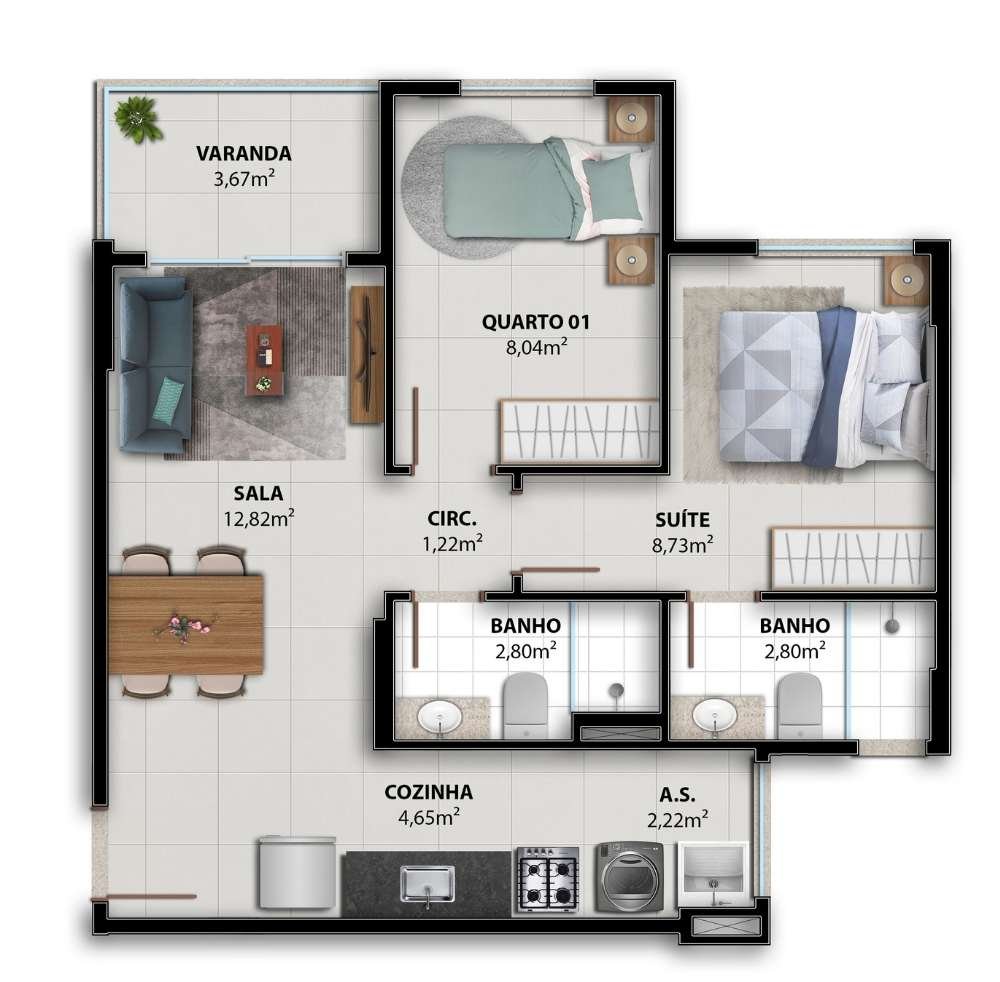 Planta 2 Quartos — Vivenda Coqueiral