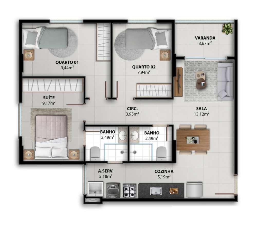 Planta 3 Quartos — Vivenda Coqueiral